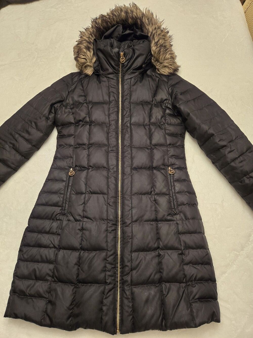 Michael Kors Women's Faux Fur Trim Hooded Quilted Down Puffer Coat Small Black
